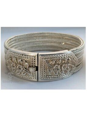 Vintage 1970s Turkish Sterling Silver 4-Strand Wheat Bracelet | Floral Repoussé